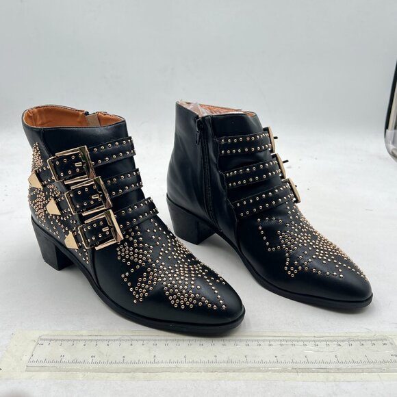 Studded Black Ankle Boots with Gold Accents - Picture 1 of 7